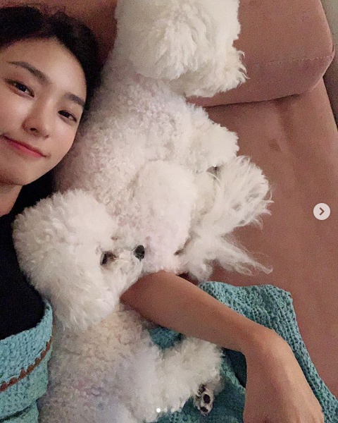 Bora Marie's dog is lying down and looking at the camera